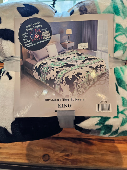 Mint Cowprint King Size Plush Blanket