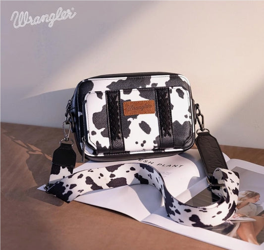 Wrangler Cow Print Crossbody Purse With Wallet Compartment - Black