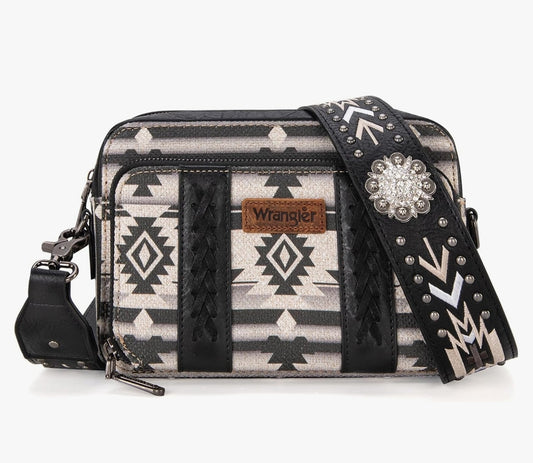 Wrangler Aztec Printed Crossbody Purse With Wallet Compartment - Black