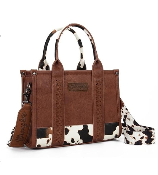 Wrangler Concealed Carry CrossBody Brown Tote with Cowprint Trim