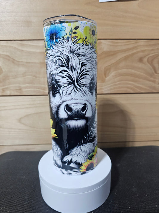 Highland Cow White with flowers 20oz Tumbler